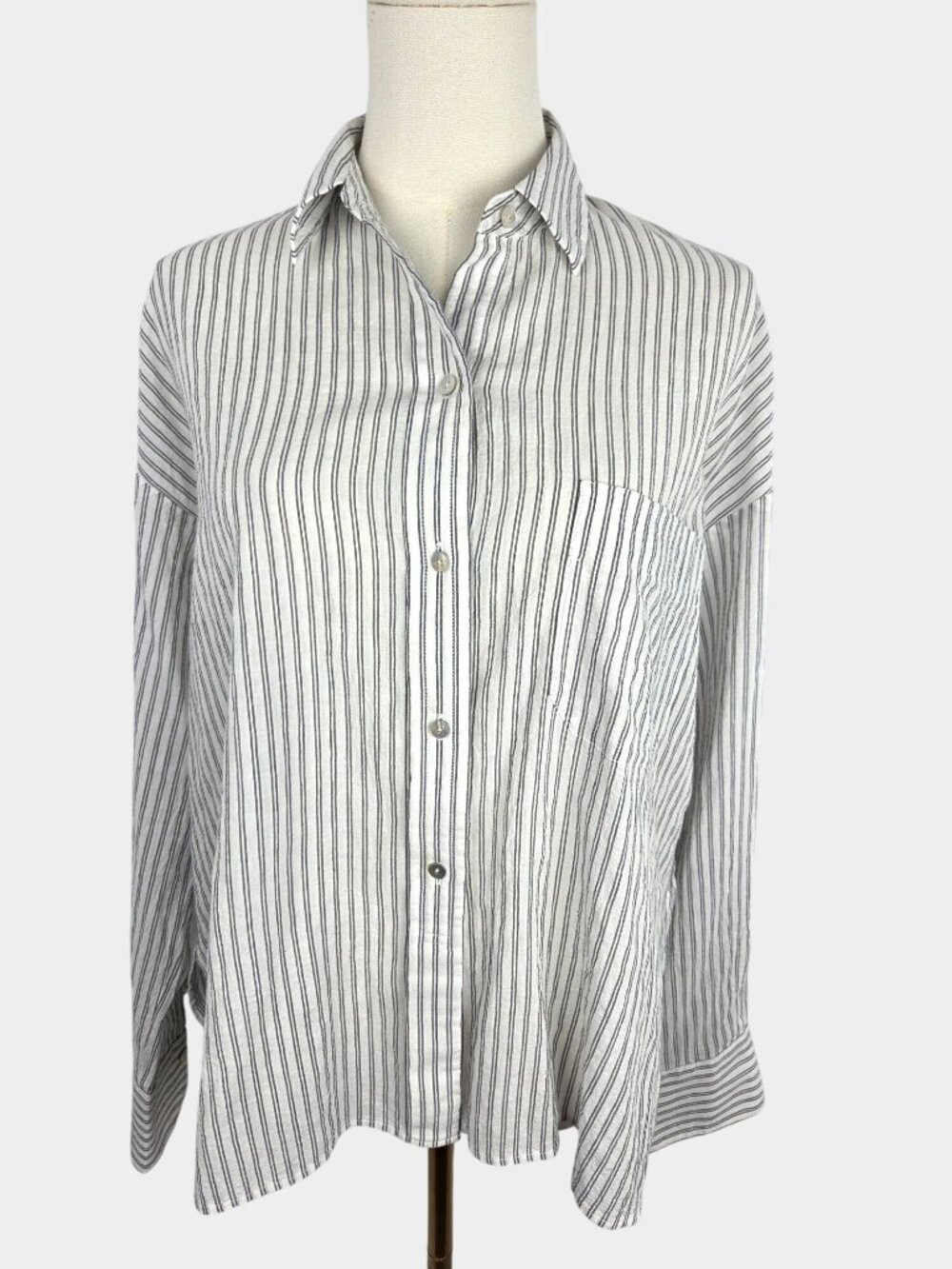 Vince White Gray Striped Crinkled Cotton Button-Up Shirt S Boxy Oversized Lightw
